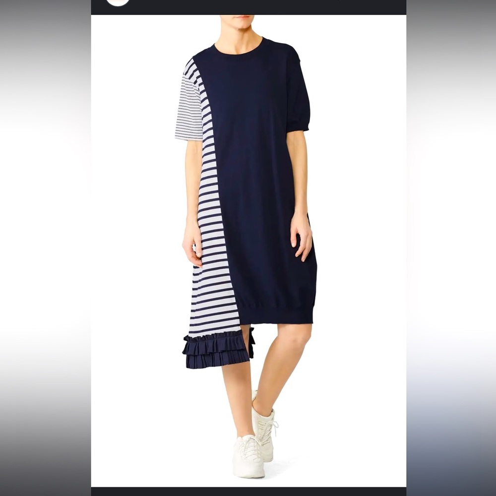 Clu dress - navy/white stripe asymmetrical mixed media shirt sleeve 100% cotton